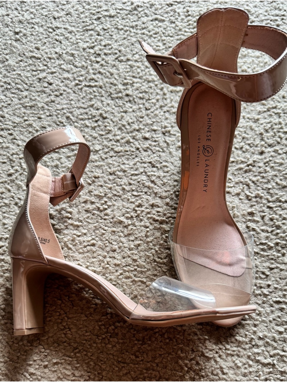 Chinese Laundry Patent Nude Block Heel Sandal with Clear Toe Strap